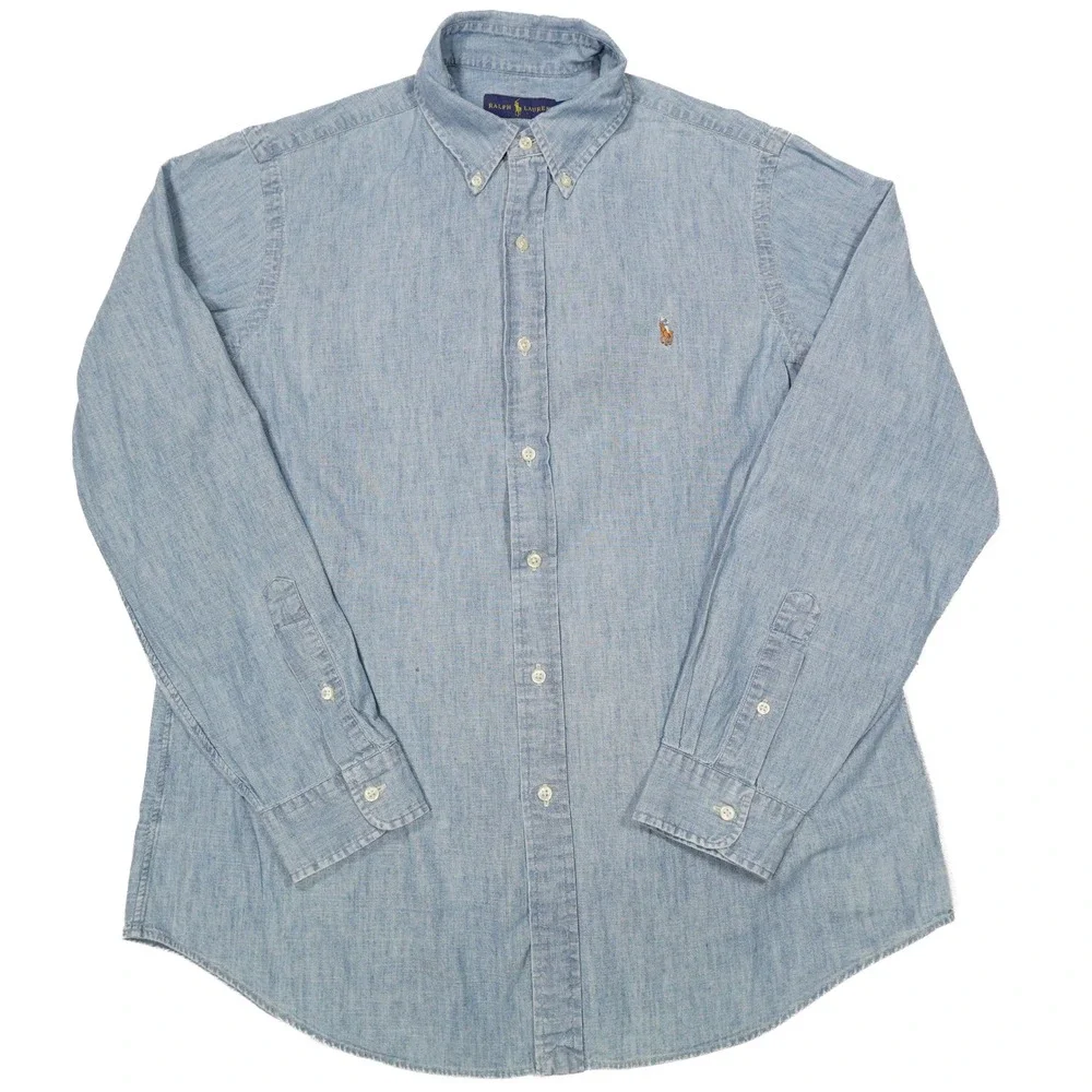 RALPH LAUREN Men's Size L Blue Cotton Chambray Button Down Long Sleeve Shirt - Picture 2 of 8